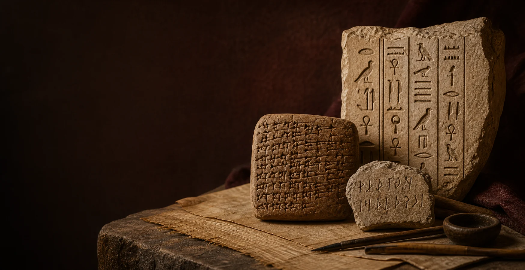 Hiéroglyphes égyptiens, tablette cunéiforme et alphabet phénicien dans un atelier d’étude