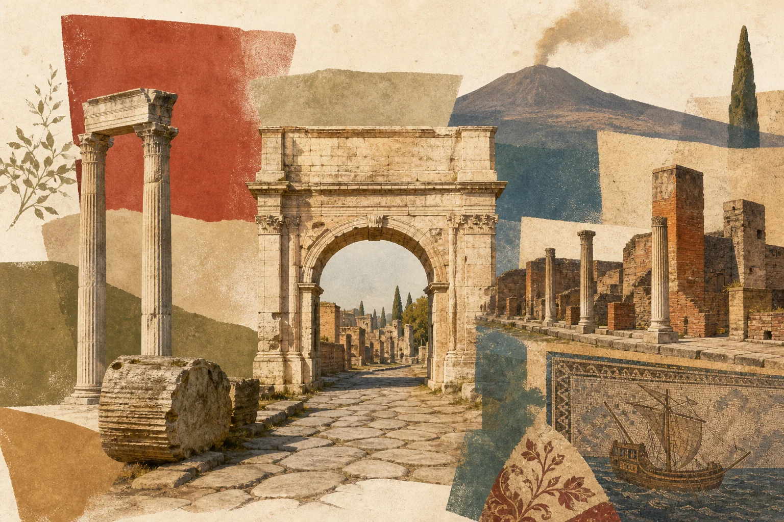 Illustration éditoriale d’une voie et de vestiges romains