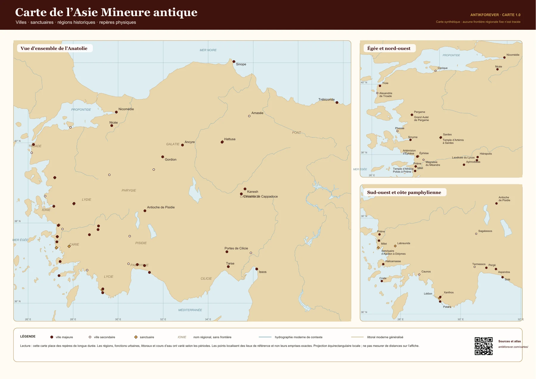 Carte de synthèse de l’Asie Mineure antique avec villes, sanctuaires et régions
